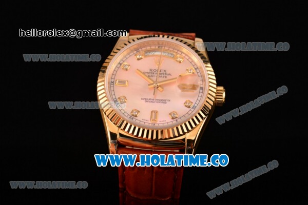 Rolex Day-Date Asia 2813/Swiss ETA 2836/Clone Rolex 3135 Automatic Yellow Gold Case with Diamonds Markers and Pink MOP Dial (BP) - Click Image to Close
